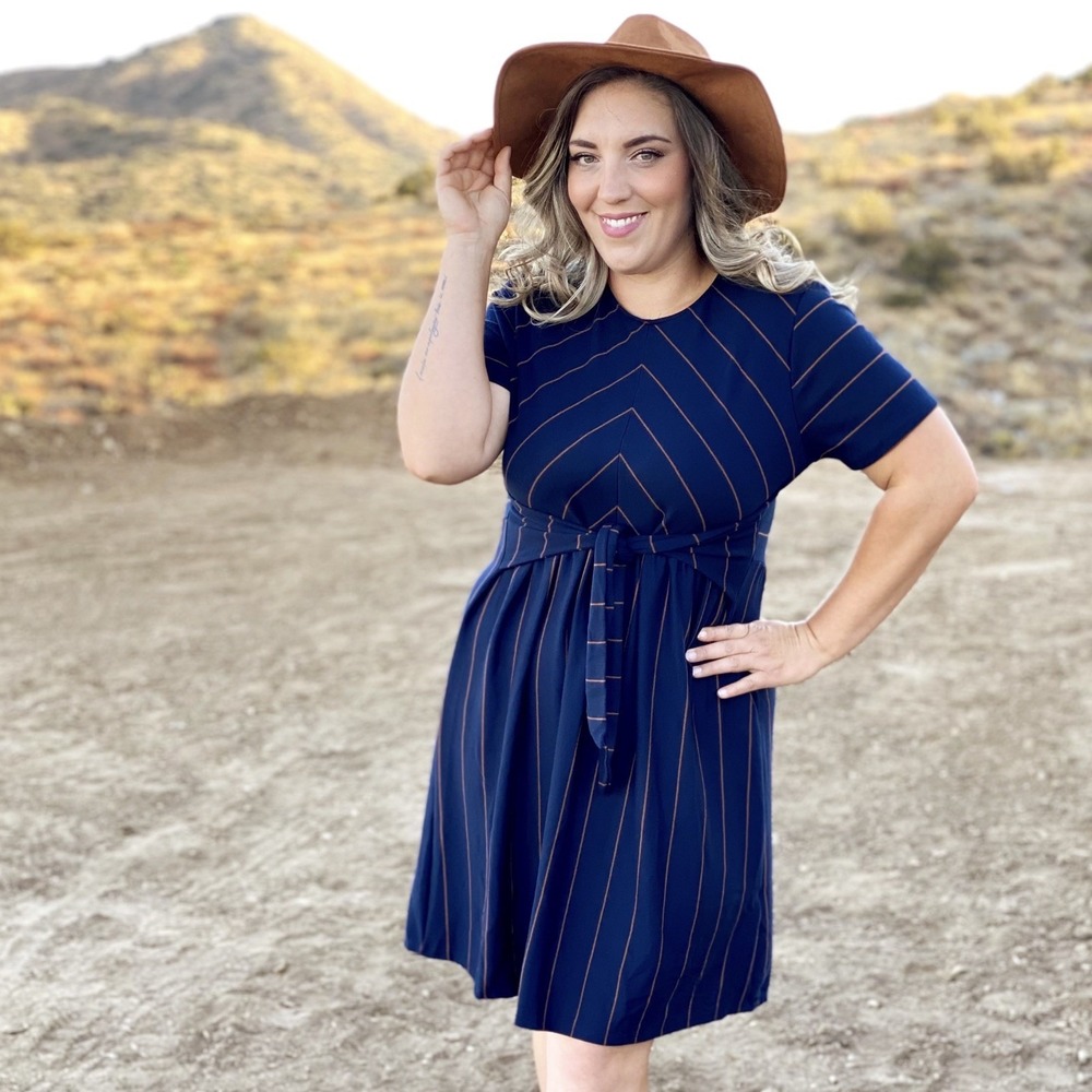 Ces‎ Femme Navy/Brown Striped Short Sleeve Dress with Waist Tie Size L NWT